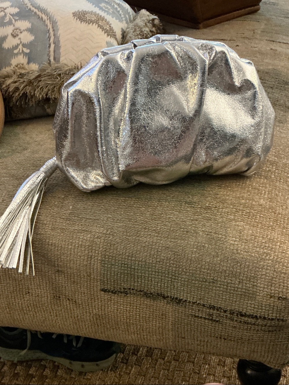 Rebecca Minkoff Silver Metallic Gathered Clutch with Zipper Tassel- New